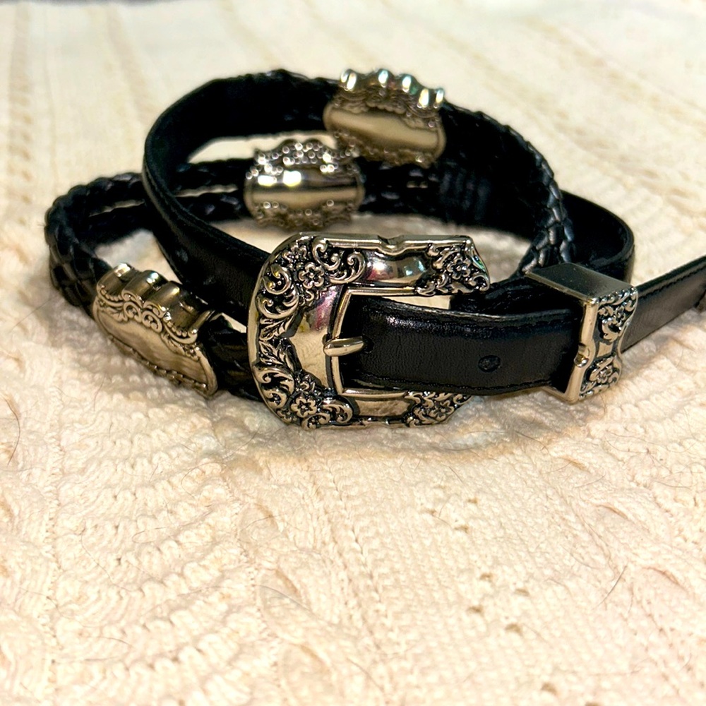 Vintage J.G. Hook black leather belt with silver buckle and sliding conchos